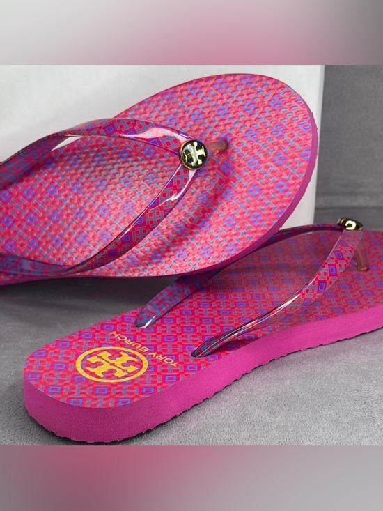 Tory Burch Shoes - Tory Burch Pink and Blue Patterned Logo Flip Flops